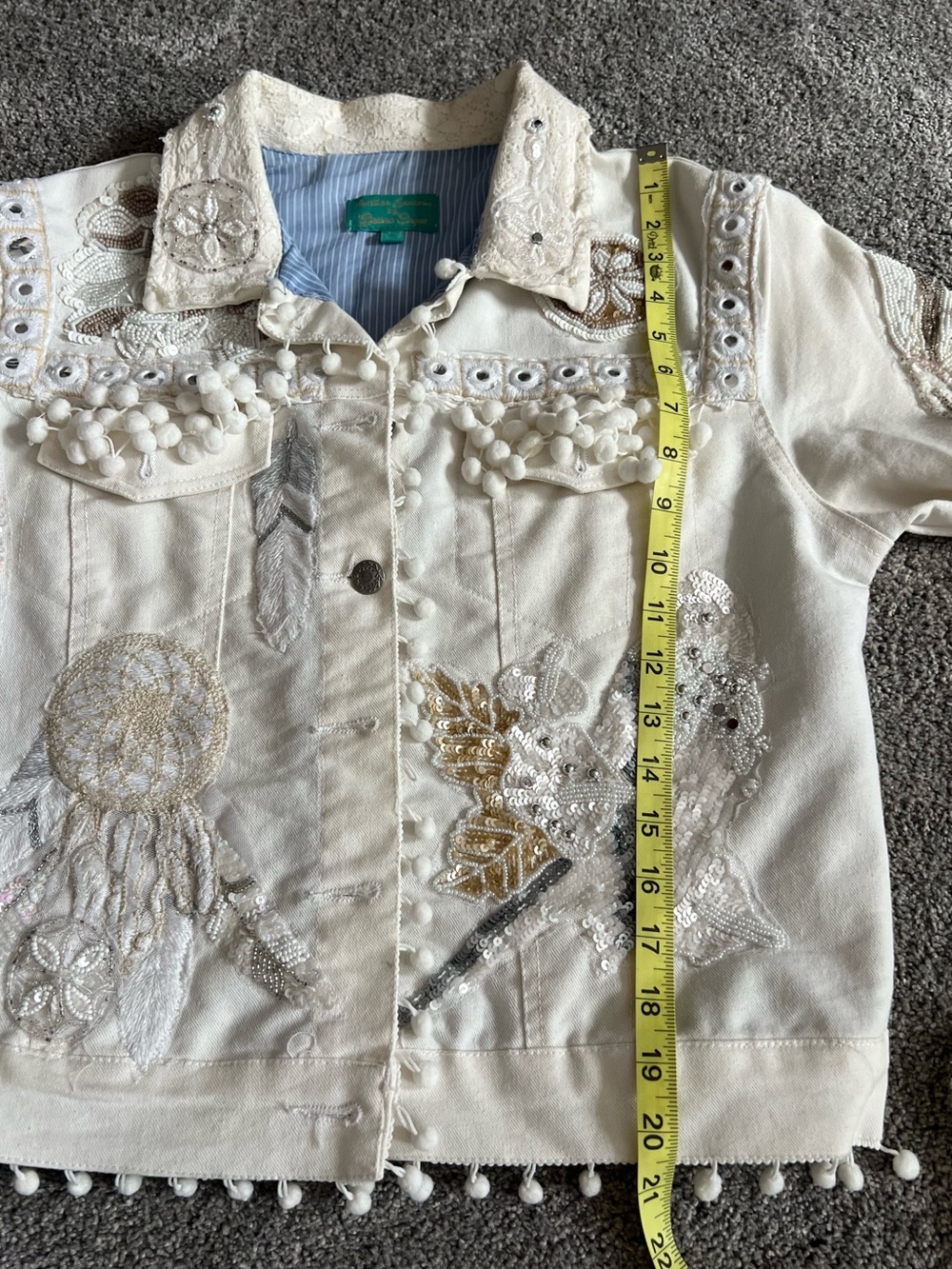 Antica Santoria Embellished White  Denim Jacket with Pom Pom Details - Picture 5 of 15